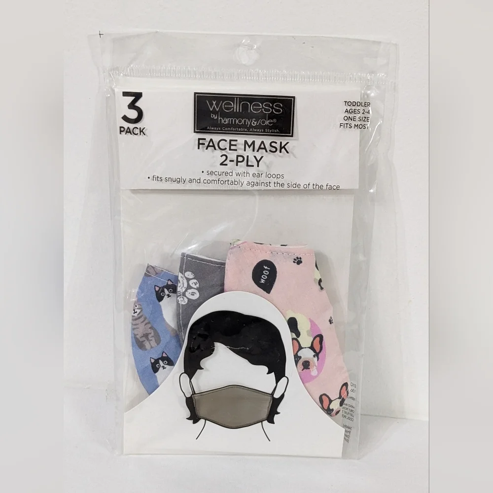 Wellness by Harmony & Sole Toddler Face Mask 2 Ply (3 Pack) ,New In Bag